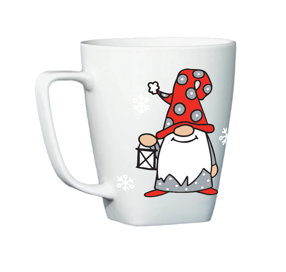 White mug with Gnome holding a Lantern