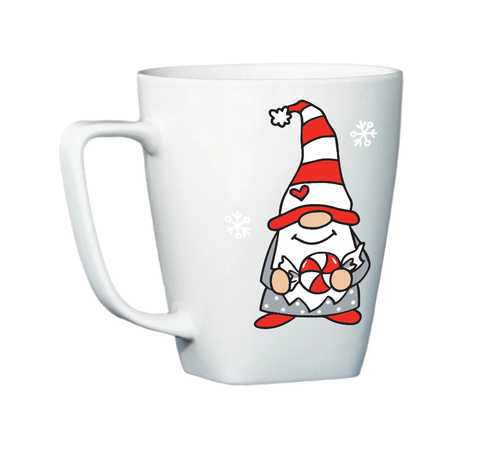White mug with Gnome holding a Candy