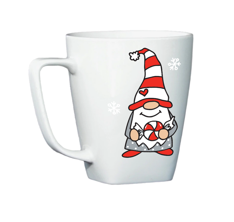 White mug with Gnome holding a Candy