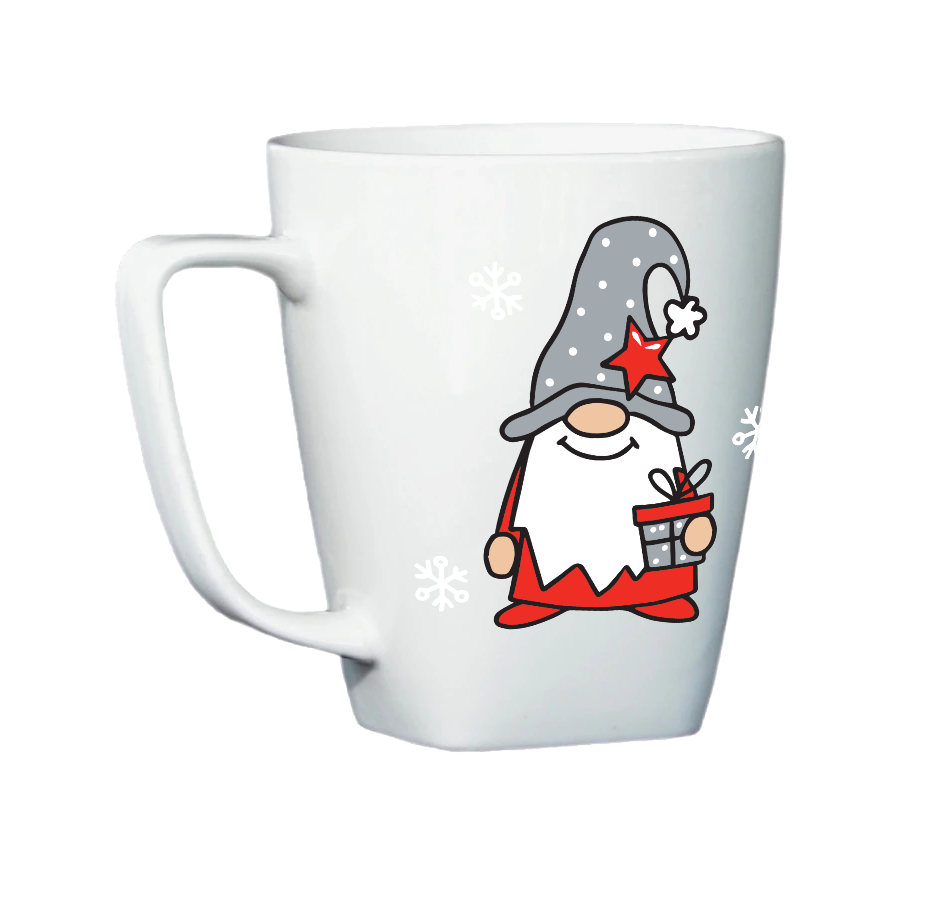 White mug with Gnome holding a Gift