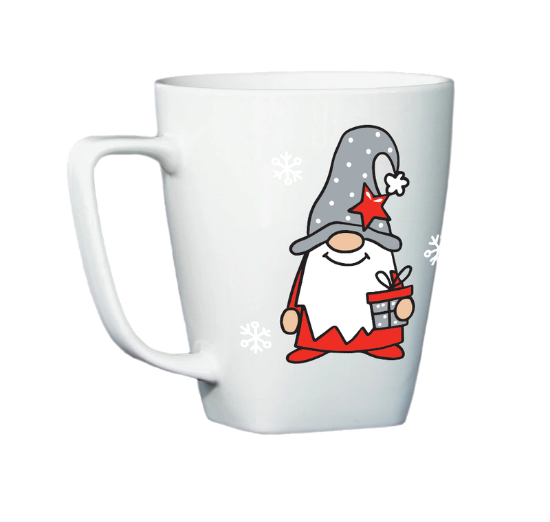 White mug with Gnome holding a Gift