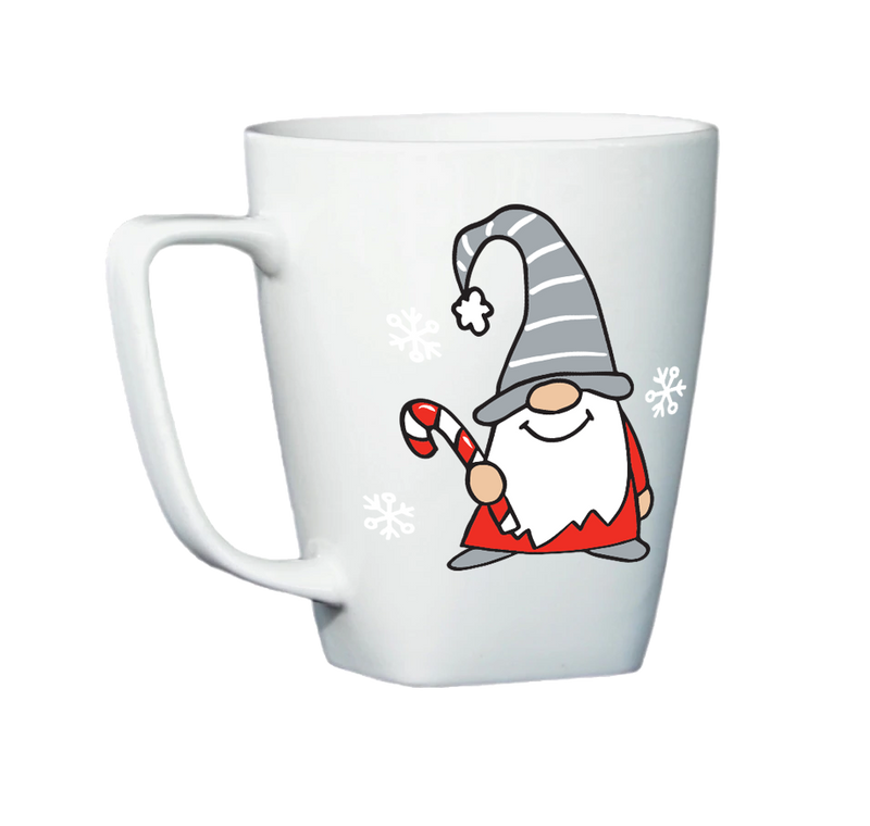 White mug with Gnome holding a Candy Cane
